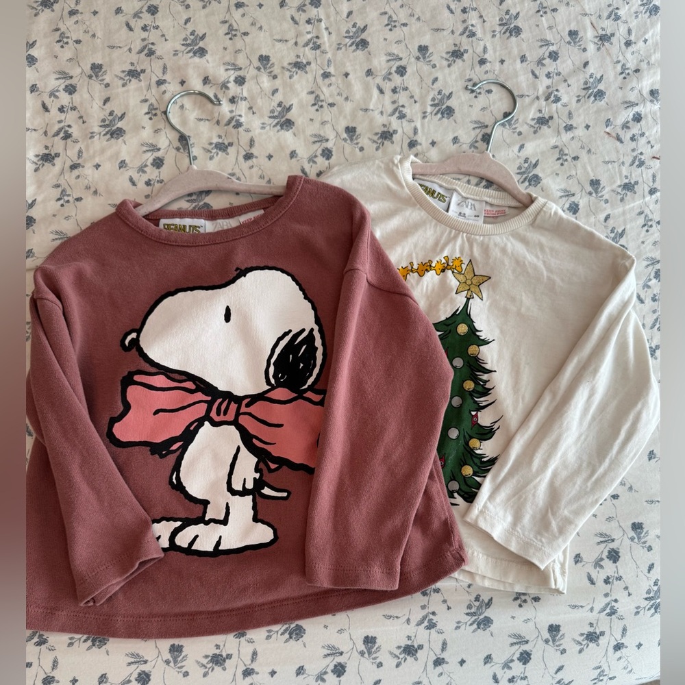 Zara Kids Snoopy and Christmas Tree Long Sleeve Tees - Pink and Cream